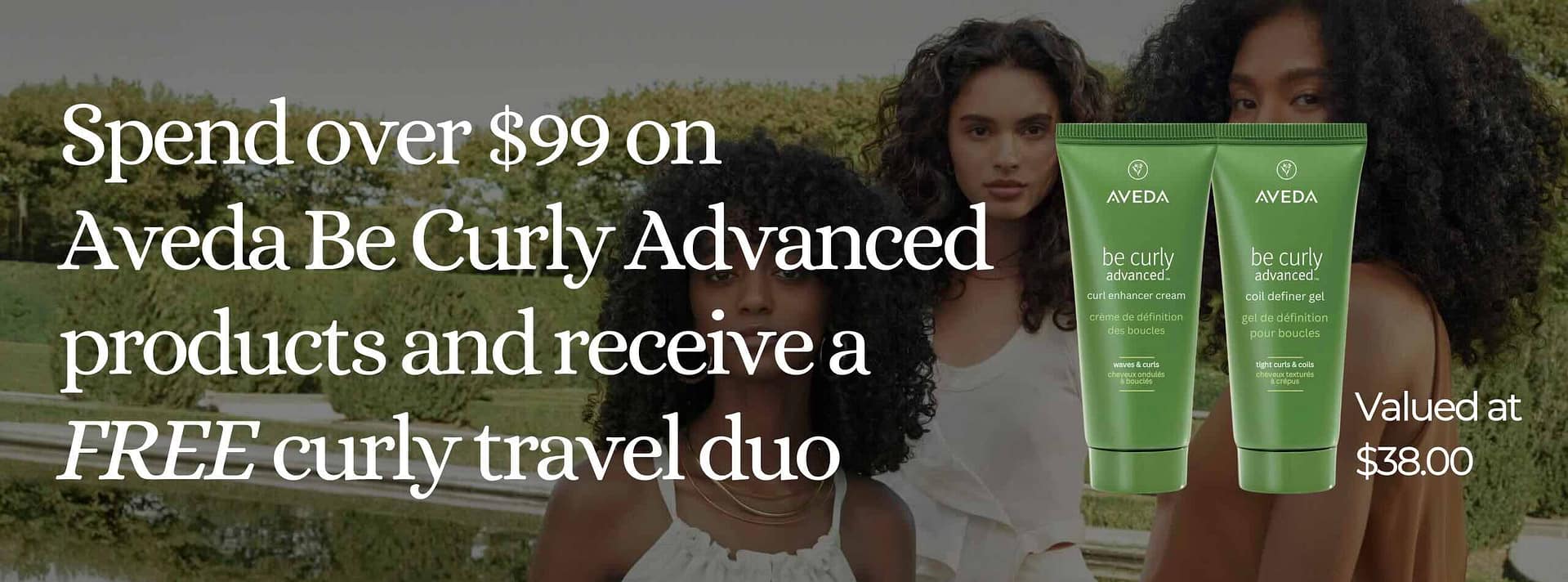 Aveda banner with curly offer