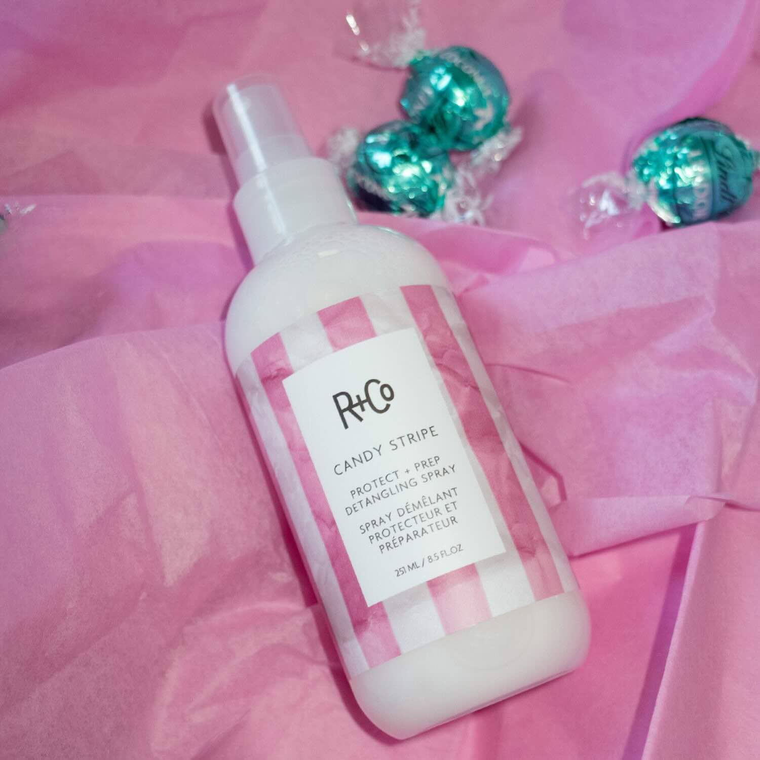 R+Co Candy Stripe Protect + Prep Detangling Spray